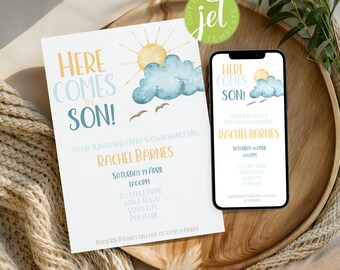 Here Comes The Son Baby Shower Invitation. Boho Invite For Boy (Digital Download) E11