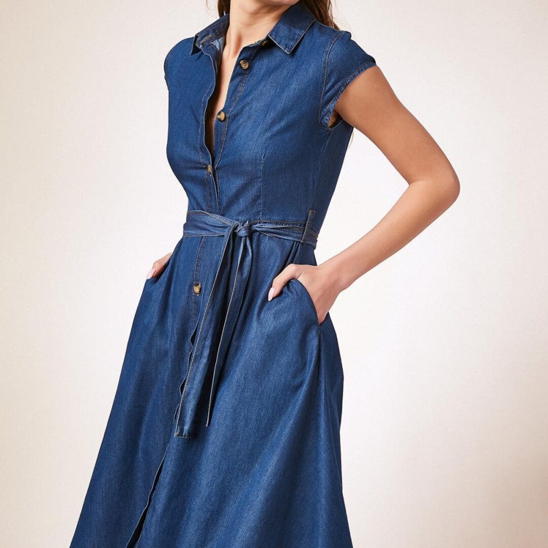 Blue Denim Flare Dress Womens Dress Blue Denim Dress Summer Etsy