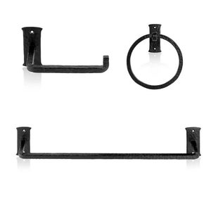 3pc Bathroom Set - Blacksmith Hand Forged - Towel Rail, Ring and Toilet Paper Holder - Wrought Iron - Hammered Square Finish