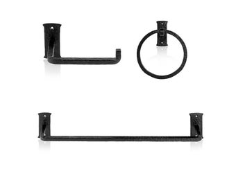 3pc Bathroom Set - Blacksmith Hand Forged - Towel Rail, Ring and Toilet Paper Holder - Wrought Iron - Hammered Square Finish