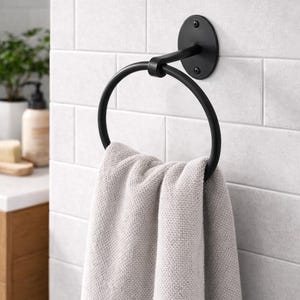 Handmade Wrought Iron Towel Ring – Blacksmith Forged Wall Mounted Towel Holder, Hammered Oval, Bathroom or Kitchen