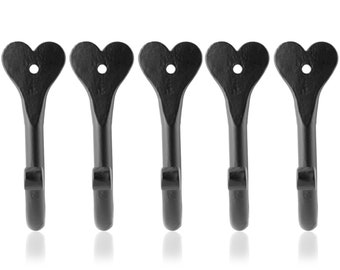 Blacksmith Handmade Iron Wall Hooks - Set of 5 (Heart) – Wrought Iron Wall Mounted Hooks for Hanging Hats, Coats, Towels etc (Black)