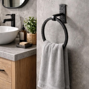 Blacksmith Handmade Towel Ring – Wrought Iron Wall Mounted - Suitable for Bathroom, Kitchen etc - Hammered Square Finish (Black)
