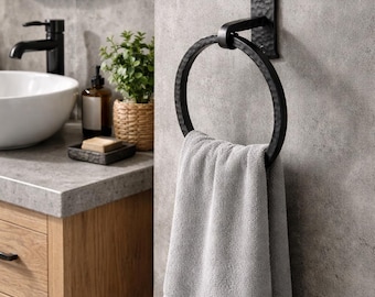 Blacksmith Handmade Towel Ring – Wrought Iron Wall Mounted - Suitable for Bathroom, Kitchen etc - Hammered Square Finish (Black)
