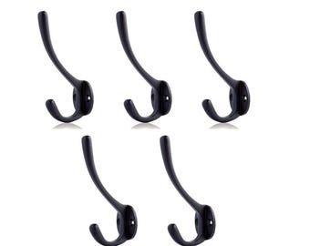 Cast Iron Wall Hook Double Prong – Rustic Black, 5 Pack