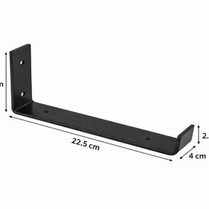 May include: A black metal shelf bracket. The bracket is L-shaped, with dimensions of 8.86 inches long, 4.33 inches high, and 1.57 inches wide. It has pre-drilled holes for mounting. The bracket is designed for supporting shelves.