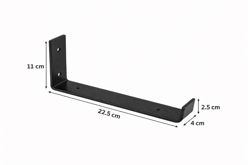 May include: A black metal shelf bracket. The bracket is L-shaped, with dimensions of 8.86 inches long, 4.33 inches high, and 1.57 inches wide. It has pre-drilled holes for mounting. The bracket is designed for supporting shelves.