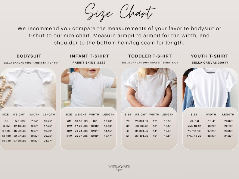 Pu&ograve; includere: Tabella delle taglie per body, t-shirt per neonati, bambini piccoli e ragazzi. Include misure in pollici per peso, larghezza e lunghezza. La tabella consiglia di confrontare le misure con un capo preferito.