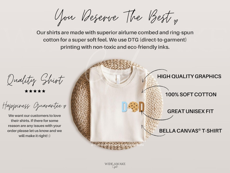 May include: A beige t-shirt with a graphic of a cookie and the word "DOD" in blue, light blue, and brown. The shirt is displayed on a woven mat with text describing the shirt's quality and features, including "High Quality Graphics", "100% Soft Cotton", "Great Unisex Fit", and "Bella Canvas&reg; T-Shirt".