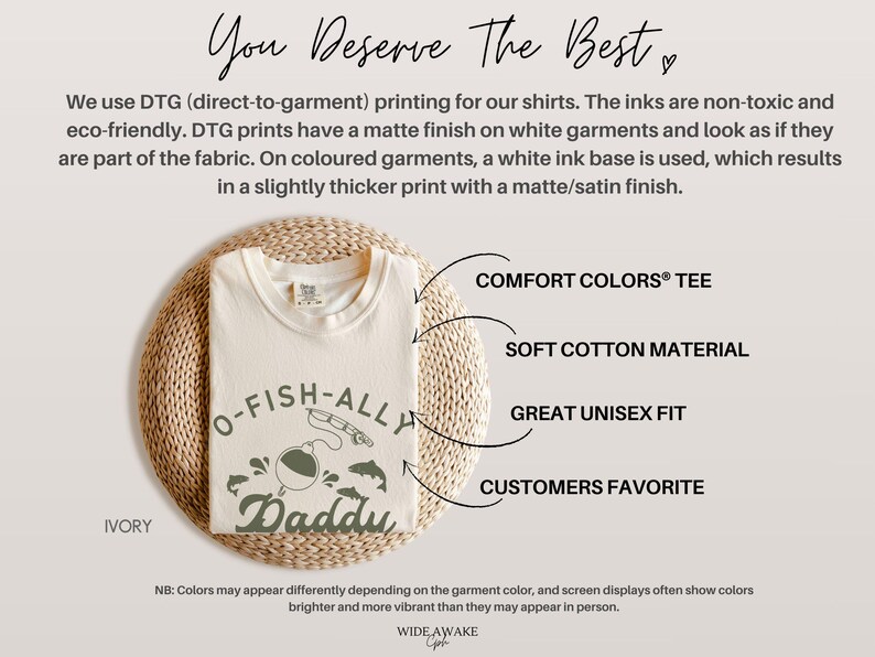 Pu&ograve; includere: T-shirt Comfort Colors avorio con la scritta "O-Fish-Ally Daddy" e una grafica a tema pesca. La maglietta &egrave; realizzata in morbido cotone e ha un'ottima vestibilit&agrave; unisex. L'immagine include anche testo sul processo di stampa.