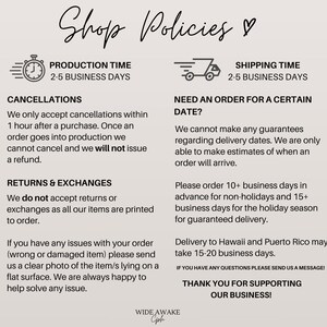 Pu&ograve; includere: Grafica beige con il testo "Shop Policies" in corsivo. Il testo dettaglia i tempi di produzione, i tempi di spedizione, le cancellazioni, i resi e gli scambi. L'immagine include anche il testo "Grazie per aver supportato la nostra attivit&agrave;!"