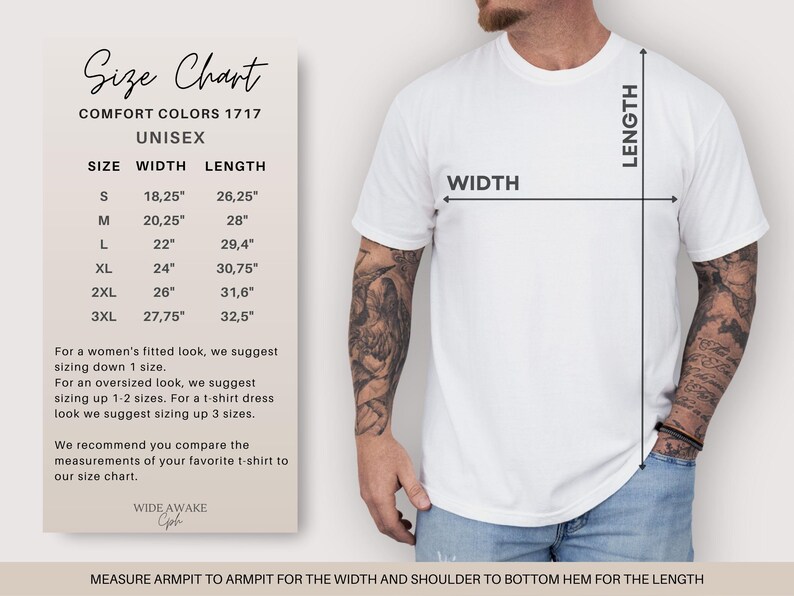 K&ouml;nnte beinhalten: Ein wei&szlig;es kurz&auml;rmeliges T-Shirt an einer Person mit einer Gr&ouml;&szlig;entabelle namens Size Chart Comfort Colors 1717 Unisex. Die Tabelle listet die Gr&ouml;&szlig;en S bis 3XL mit Breiten- und L&auml;ngenma&szlig;en in Zoll auf. Pfeile zeigen, wie Breite und L&auml;nge gemessen werden.