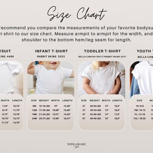 May include: Size chart for baby and youth clothing. The chart includes measurements for bodysuits, infant t-shirts, toddler t-shirts, and youth t-shirts. The chart lists sizes, weight ranges, width, and length in inches.