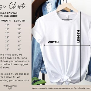 May include: Size chart for a Bella Canvas unisex t-shirt, showing width and length measurements in inches for sizes XS to 3XL. The chart includes sizing recommendations for a fitted, relaxed, and oversized look.