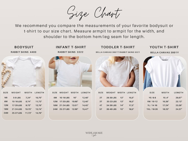 Puede incluir: Tabla de tallas para ropa de beb&eacute; y ni&ntilde;os. La tabla incluye medidas para bodies, camisetas para beb&eacute;s, camisetas para ni&ntilde;os peque&ntilde;os y camisetas para ni&ntilde;os. La tabla muestra las tallas, los rangos de peso, el ancho y la longitud en pulgadas.