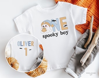 One Spooky Boy Halloween 1st Birthday Shirt, Blue and Orange Spooky One First Birthday Halloween T-shirt, Personalized Birthday Tee