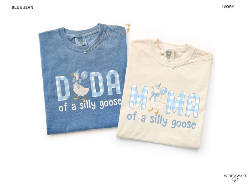 K&ouml;nnte beinhalten: Zwei kurz&auml;rmelige T-Shirts mit Rundhalsausschnitt in Jeansblau und Elfenbein. Beide zeigen eine Gans mit Partyhut und Schleife sowie den Schriftzug DIDA oder MIMA of a silly goose in blau-wei&szlig; karierten Blockbuchstaben im Vichy-Muster.