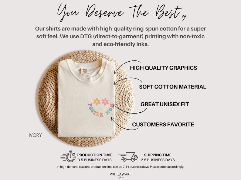 May include: Ivory t-shirt with a colorful graphic that says "Foster Mom" with flowers. The shirt is made with high-quality ring-spun cotton and is a great unisex fit.