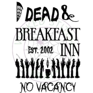 Pousada Morto e Café da Manhã | Husa. 2002 | Sem Vaga | Arquivo de máquina de corte | SVG | Xícara de café | Foice | Teia de aranha | Mãos de zumbi