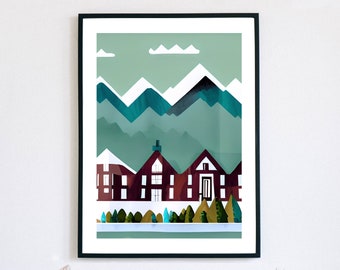 Nordic Norwegian Houses, Row of Buildings Church, Mountains Oil Paint Wes Anderson River Trees