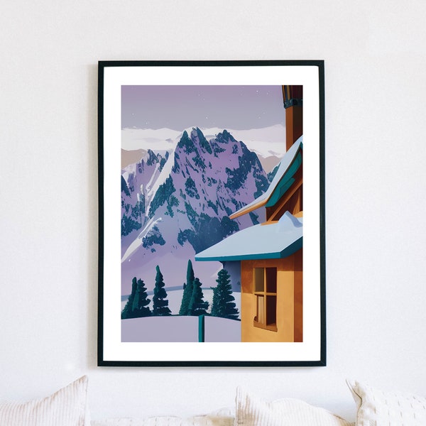 Montagnes enneigées Toits enneigés Chalet Wall Art Print, Peinture à l'huile Style Shadows Ski Lodge