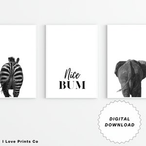 May include: Three black and white printable art prints featuring a zebra, the text "Nice Bum", and an elephant. The prints are set against a white background.