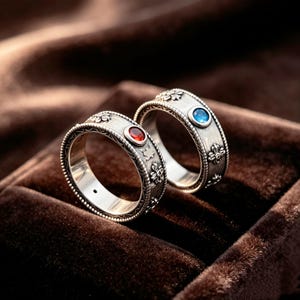 May include: Two silver-toned rings featuring intricate embossed floral patterns along the bands. One ring is set with a circular red gemstone, while the other ring is set with a circular blue gemstone. Both bands have a textured, aged metal finish.