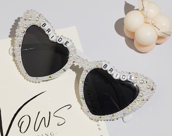 Encrusted Pearl Heart shaped Sunglasses,White Custom/Personalised Bride,Heart Sunglasses Babe & Bride Sunglasses