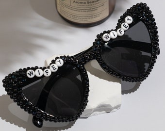 Black pearl glasses, black/customized/personalized bride, heart-shaped sunglasses baby & bride sunglasses, personalized pearl glasses