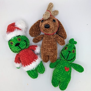 Grinch and Max Crochet dolls, Mean one, Mr Grinch. Grumpy Green Guy, with Reindeer Dog, Santa