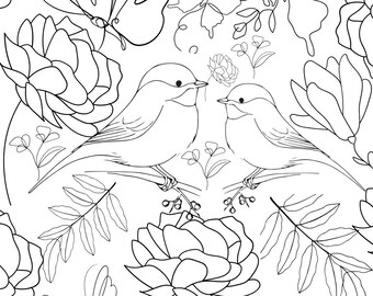 Página única, hecha a medida, flores, pájaros, naturaleza, página imprimible para adultos/adolescentes/niños/colorear