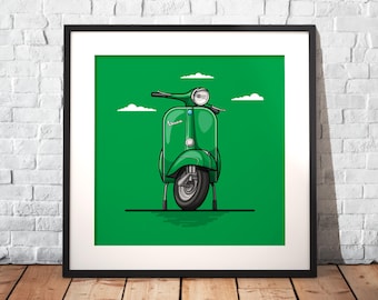 May include: A green Vespa scooter with white clouds in the background. The scooter is on a green background.