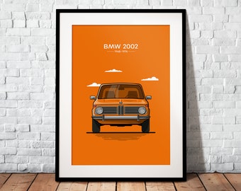May include: An orange BMW 2002 car with a white background and the text "BMW 2002 1968-1975" above the car.