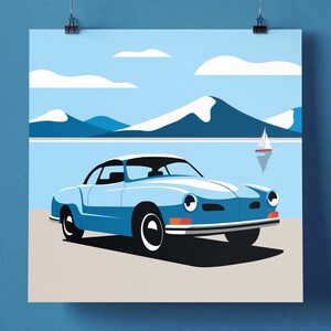 May include: A light blue vintage car parked by a body of water with mountains in the background. The car has a white roof and a sailboat is in the distance.
