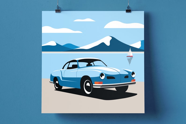 May include: A light blue vintage car parked by a body of water with mountains in the background. The car has a white roof and a sailboat is in the distance.