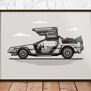 DeLorean | Il regalo perfetto per ogni fan di "Ritorno al futuro" | Poster stampato su carta opaca resistente da 200 g | Illustrazione