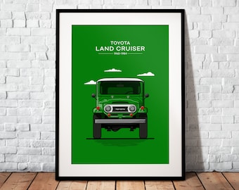 May include: A framed print featuring a green Toyota Land Cruiser from 1960-1984. The illustration shows the front view of the vehicle against a green background with white text and clouds. The print is in a black frame.