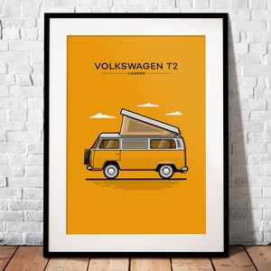 May include: An illustration of a yellow Volkswagen T2 Camper van with a pop-up roof, set against a yellow background.
