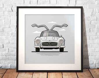 May include: A black and white illustration of a classic Mercedes-Benz 300 SL Gullwing with the doors open.
