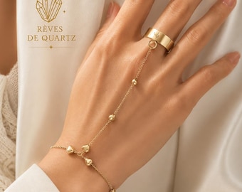 Bracelet Main Chaîne | Bijou de Main Bohème avec Anneau | Bracelet & Bague Reliés Tendance