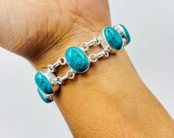 Turquoise Gemstone Bracelet, 925 Sterling Silver Adjustable Handmade Jewelry