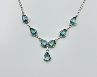 Handmade Blue Topaz Teardrop Necklace, 925 Sterling Silver, Bohemian Jewelry