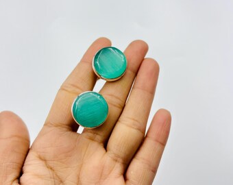 Handmade Sterling Silver Cufflinks, Green Cat Eye Stone, Wedding Gift