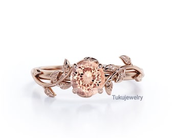 Antique Halo 1 carat Morganite solitaire nature inspired Engagement Ring Women Promise Ring Sterling Silver Jewellery