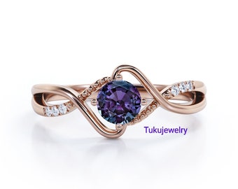 Anillo de compromiso de diamantes vintage Alejandrita y anillo de compromiso de vástago retorcido de diamantes en oro rosa promesa de oro regalo de anillo para ella