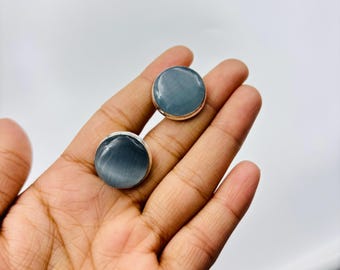 Handmade Sterling Silver Cat Eye Cufflinks, Round Grey Stone