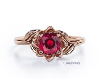 Floral Pattern 1 Carat Round Cut Lab-Created Ruby Solitaire Nature Inspired Engagement Ring In Rose Gold