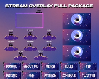 Animated Stream Overlay Package for Twitch, Aesthetic Pink and Purple Color, Cute Cat Theme Overlay (Instant Download)