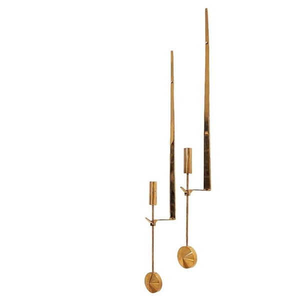 PIERRE FORSELL SKULTUNA Pendel - A Large 48cm Pair Of Modernist Brass Candlestick Scones - 1960s Scandinavian Design Hans Agne Jakobsson Era