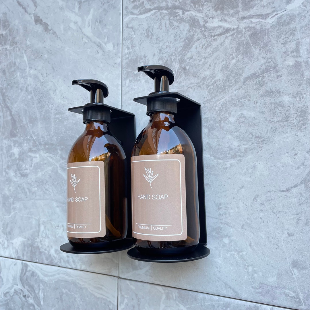 Black Double Wall Mounted Soap Dispenser Holder With Amber Glass Bottle